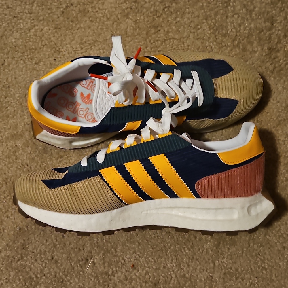 Adidas Navy, Green, Orange, Yellow & Brown Men's Size 9.5 Athletic Shoes.